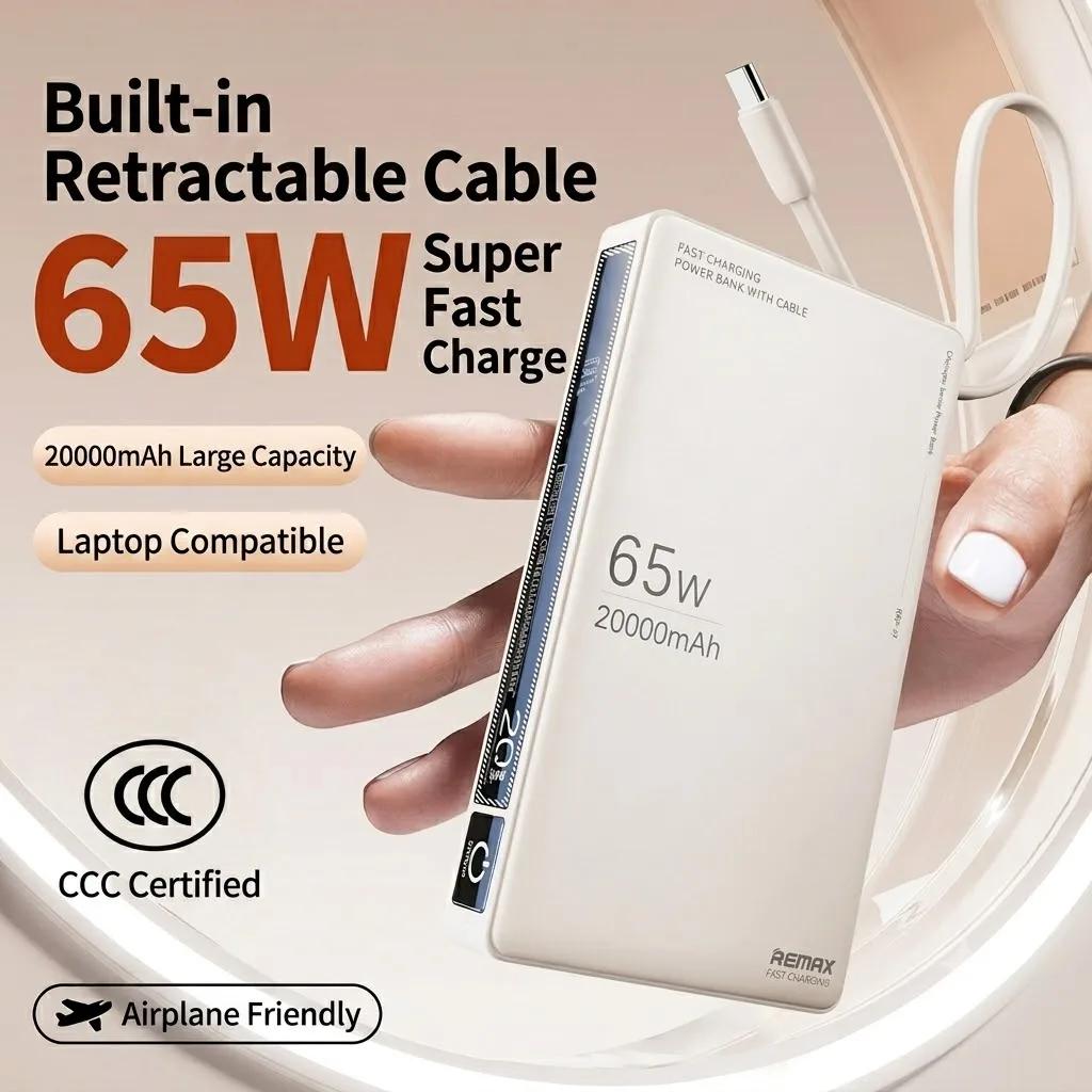 Фото Портативное зарядное устройство Remax 65W 20000mAh Type-C для ноутбуков, планшетов и телефонов, внешний аккумулятор, быстрая зарядка №1