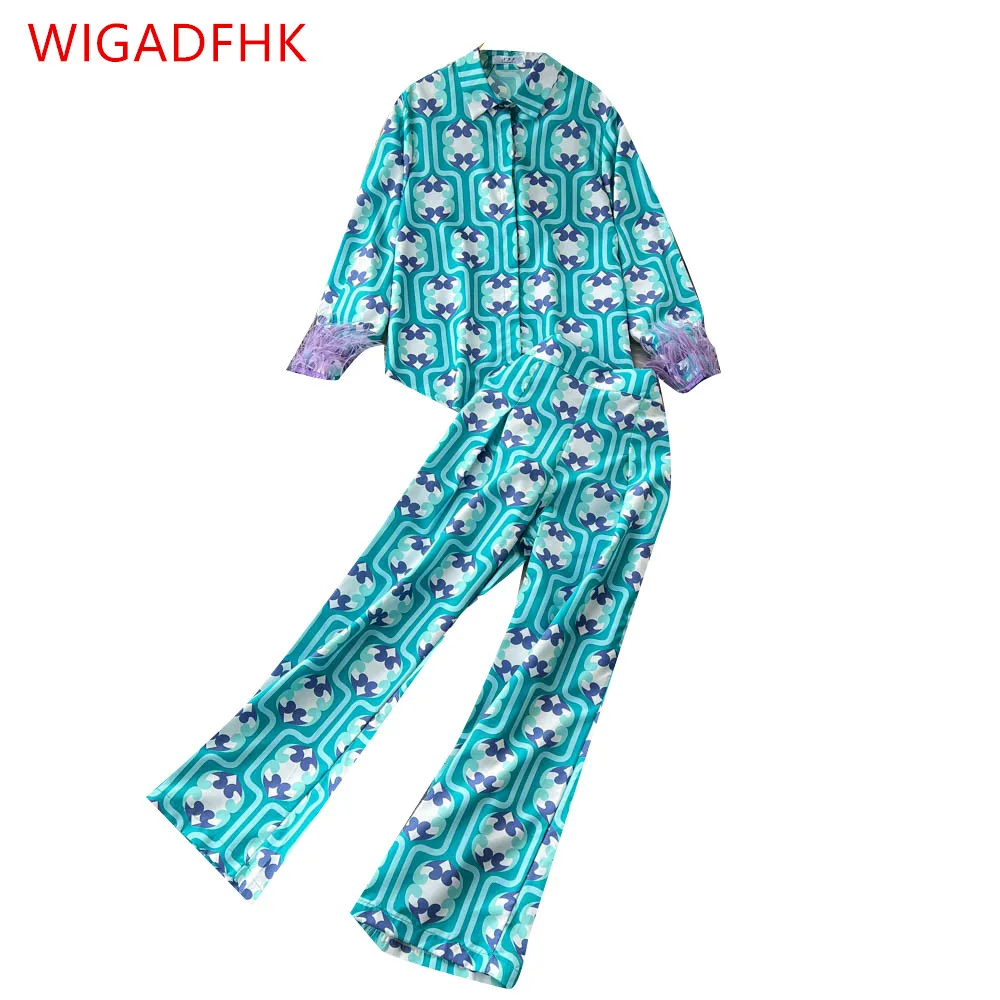 

European And American Fashion Suits Loose And Thin Lapel Printed Long-sleeved Shirts High-waisted Wide-leg Trousers 2-piece Set