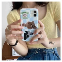 clmj vintage bear cow phone case for iphone 11 13 12 pro max x xr 7 8 plus cute animal plaid phone case silicone soft cover ins