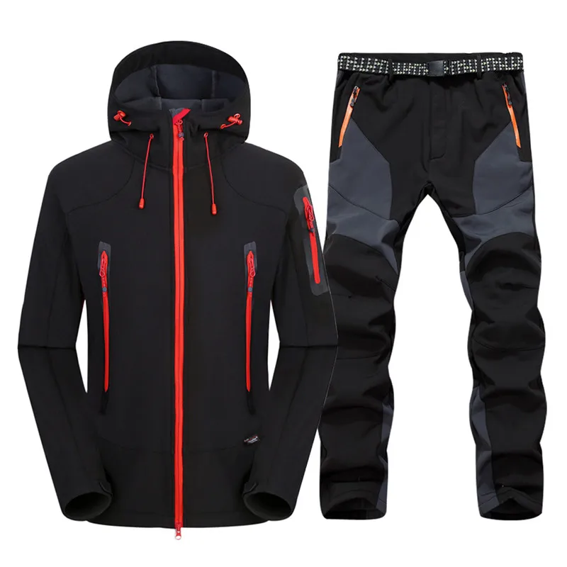 Mens Waterproof Hiking suits Softshell Fleece Jackets and Pants 2pcs Outdoor Trekking Camp Coat Set Pants Climb Skiing Trousers