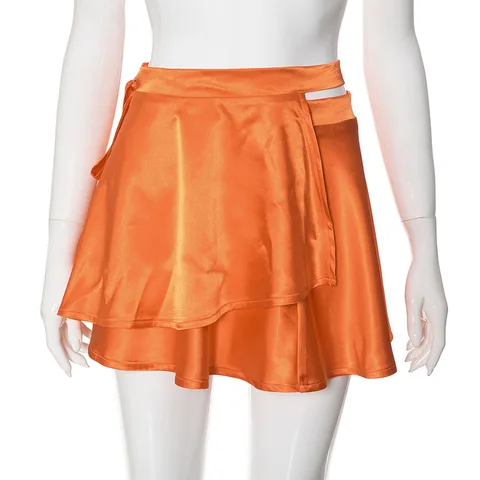 Оранжевые Атласные летние юбки для женщин, Сексуальная Асимметричная мини-юбка на шнуровке с низкой талией, женская одежда