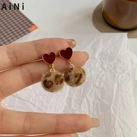s925 needle women jewelry enamel red heart earrings 2021 new trend leopard print hairball drop earrings for girl lady gifts