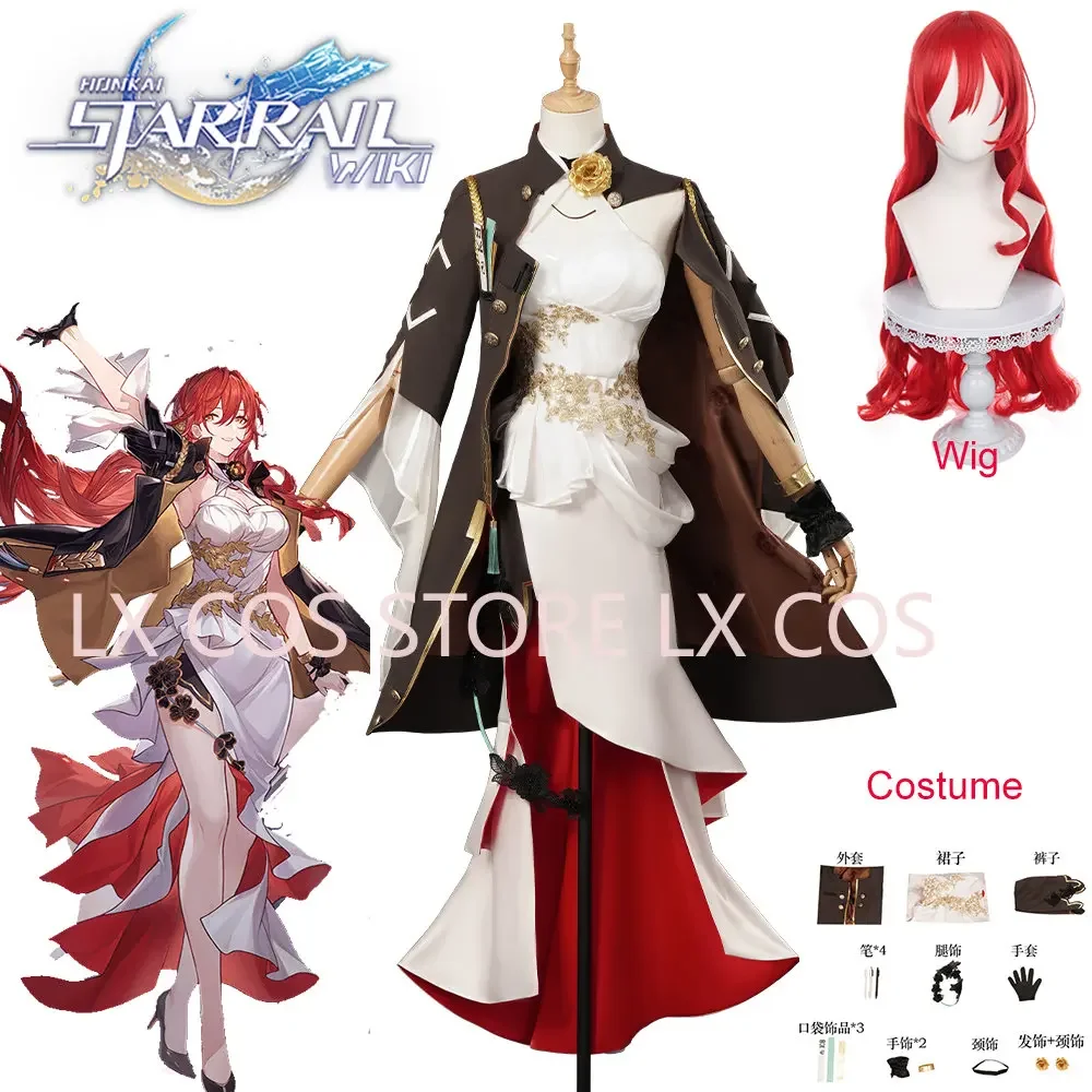 Honkai Star Rail Himeko Косплей Костюм Красный Парик Платье Серьги Головной Убор Ожерелье