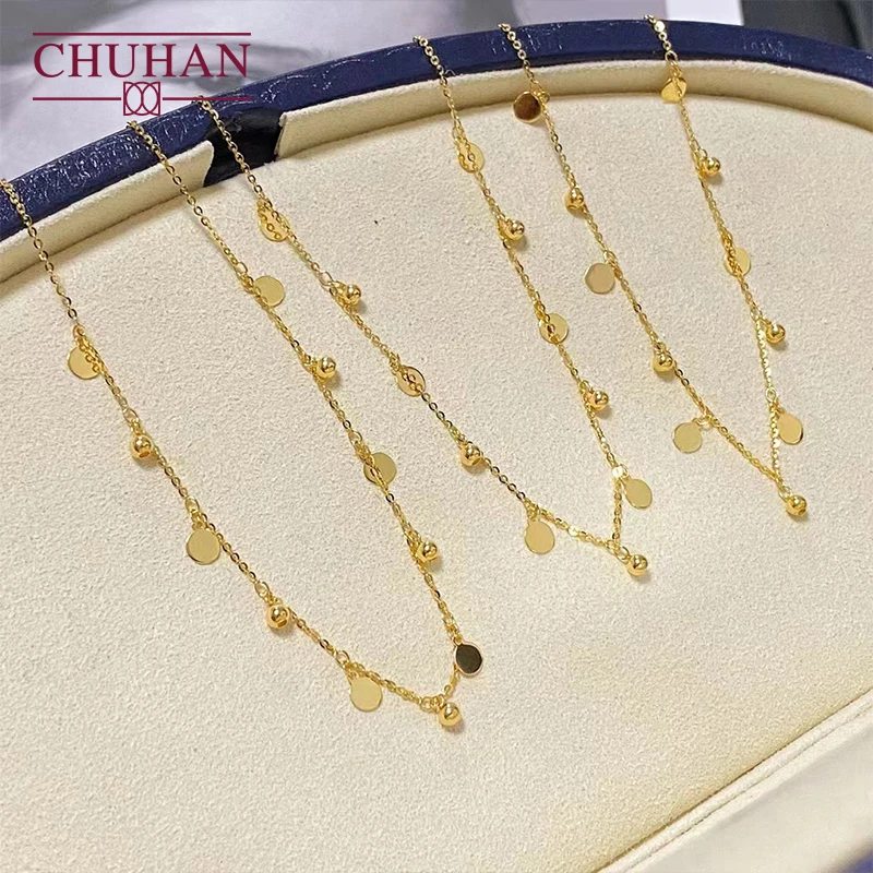 

CHUHAN Au750 Classic Women Necklace Real 18k Gold Clavicle Chain Sequined Gold Beads Interlaced Fine Jewelry Birthday Gifts