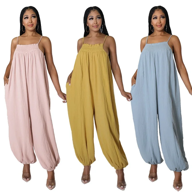 

Женский комбинезон с открытой спиной, Летний комбинезон без рукавов, повседневные однотонные длинные брюки с широкими штанинами, комбинезо...
