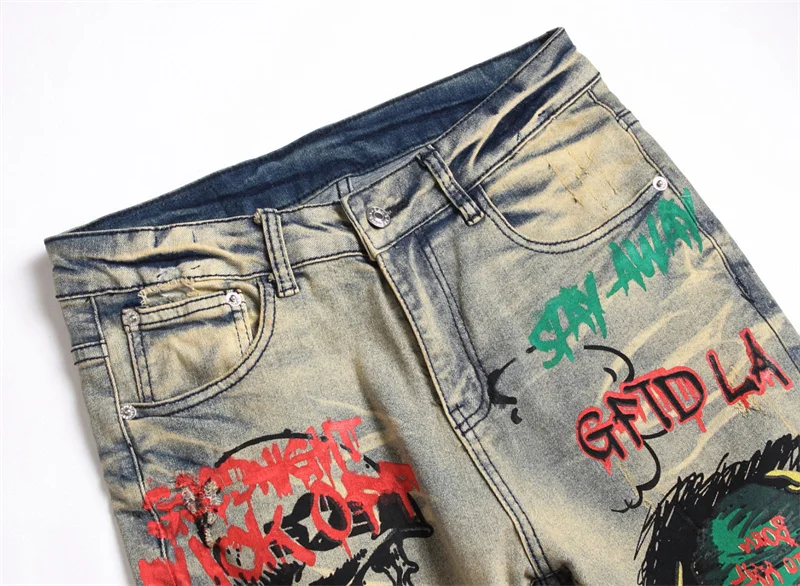 Men's Colorful Graffiti Printed Jeans Y2K Colorful Slim Fit Tapered Elastic Casual Pants Fashion Street Clothing Small Foot Pant
