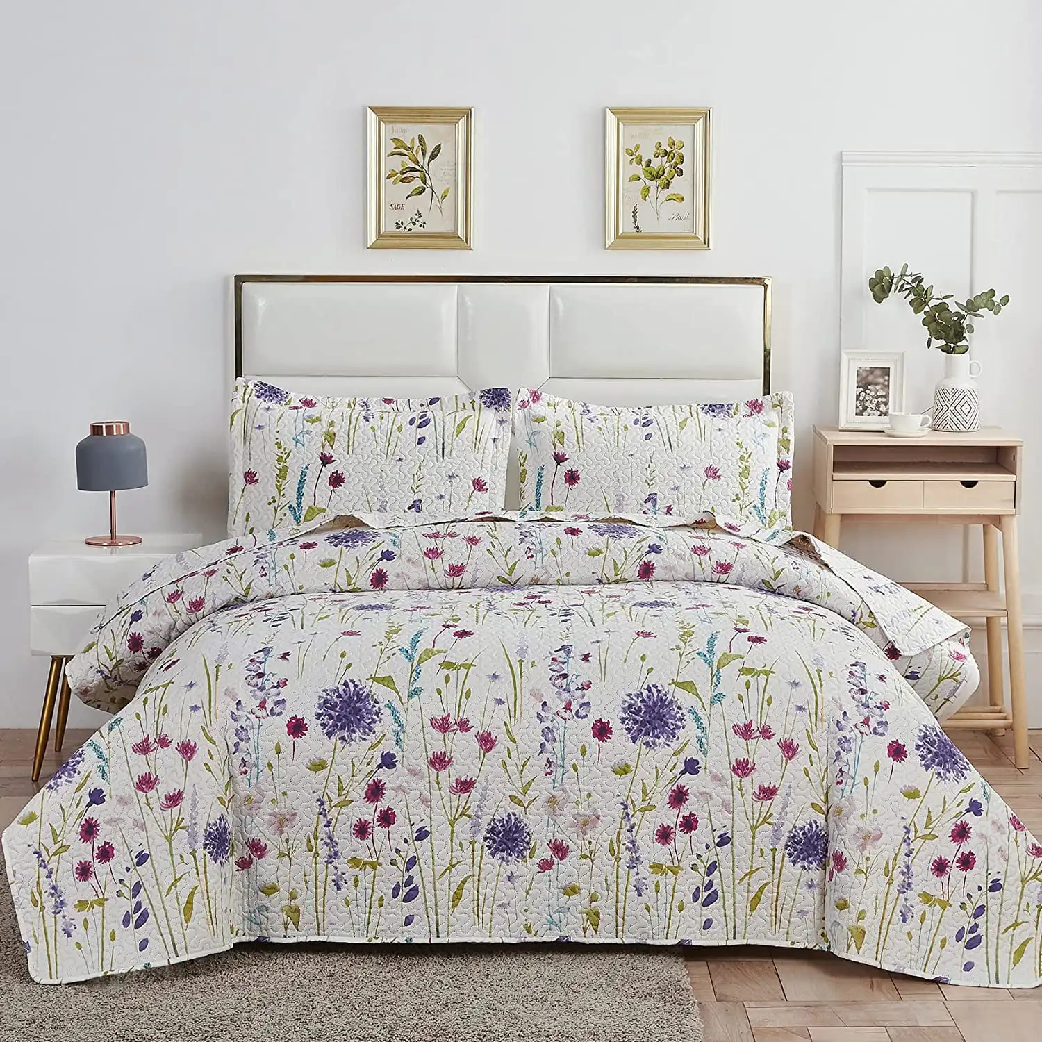

3 Pcs Floral Quilt Sets Soft Lightweight Microfiber Bedding Bedspreads Reversible Coverlet 1 Quilt & 2 Pillow Shams (Queen Size）