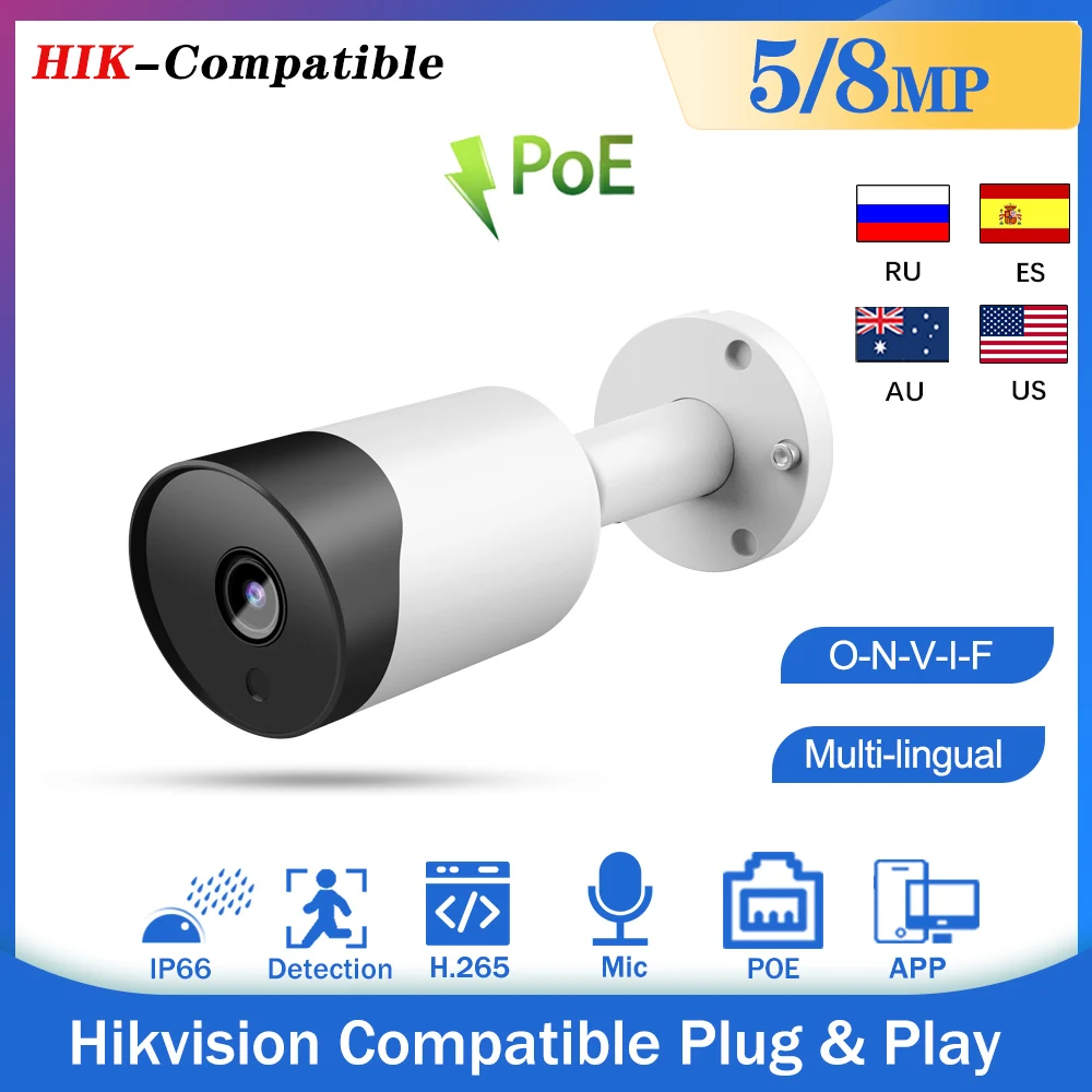 

Совместимая с Hikvision IP-камера 1080P 5 Мп 8 Мп H265 наружняя камера видеонаблюдения POE веб-камера 2,8 мм встроенный микрофон ИК 30 м домашняя цилиндрическая камера безопасности s