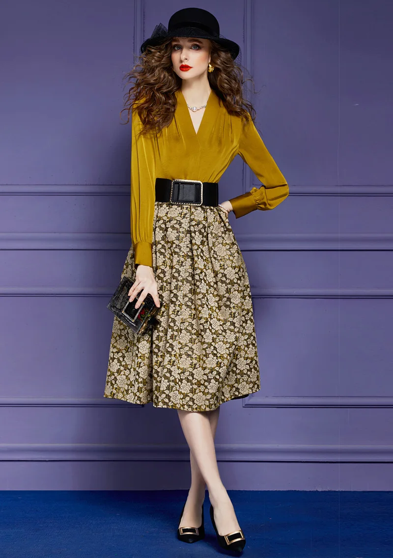 

Spring Autumn Elegant Designer Patchwork Floral Print Midi Dress Women Long Sleeve V Neck Vintage Party Vestidos with Belt 5XL