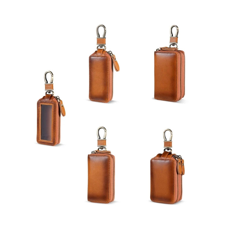 

2023 New Car Holder Leather Metal Hook Fob Bag Zipper Chain Bag for Remote Car Protector Cover