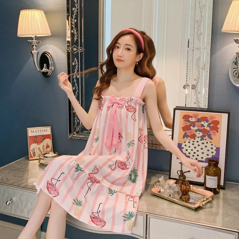 

2022 Summer Sexy Spaghetti Strap Nightgowns for Women Korean Cute Bow Cartoon Sleepwear Femme Nightdress Night Dress Home Nighty