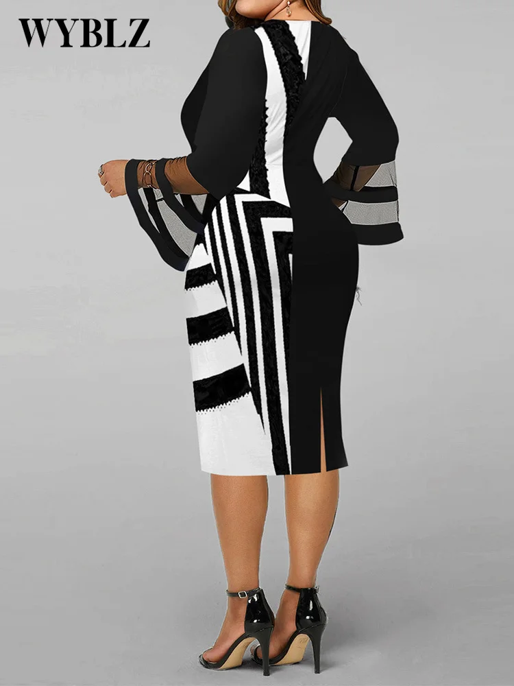 WYBLZ Plus Size Dresses for Women 4xl 5xl Digital Printing Screen Splicing Large Women's Bag Hip Dress Elegant Midi Party Dress