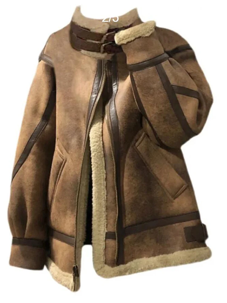 2023 Winter Sheepskin Faux Suede Jackets for Women Winter Warm Faux Fur Coat Women Long Sleeve Zipper Short Casual Jackets Coat images - 6