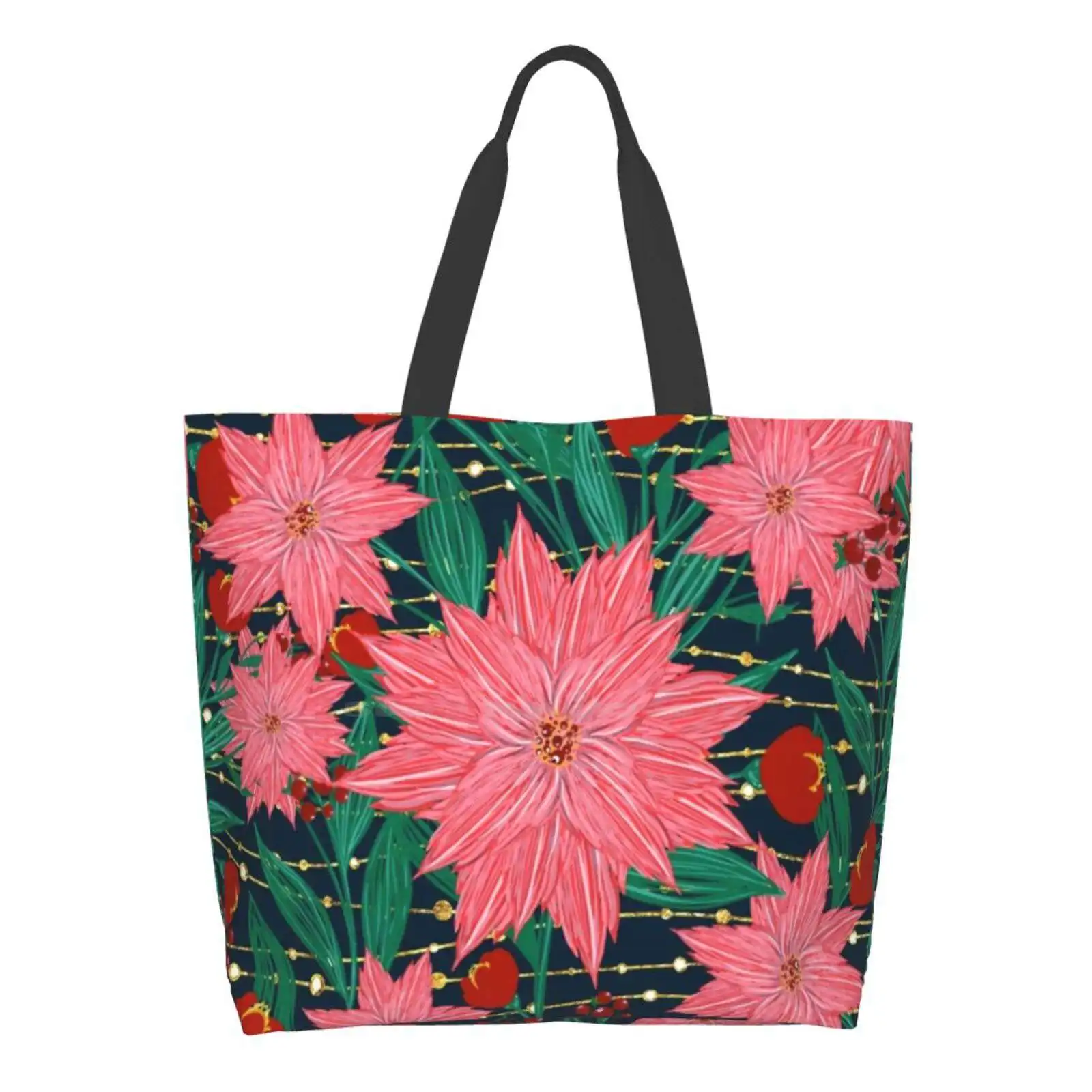 

Trendy Poinsettia Flowers And Golden Stripes And Dots Image Women Totes Shoulder Bags For Travel Girls Handbag Shopper Bag