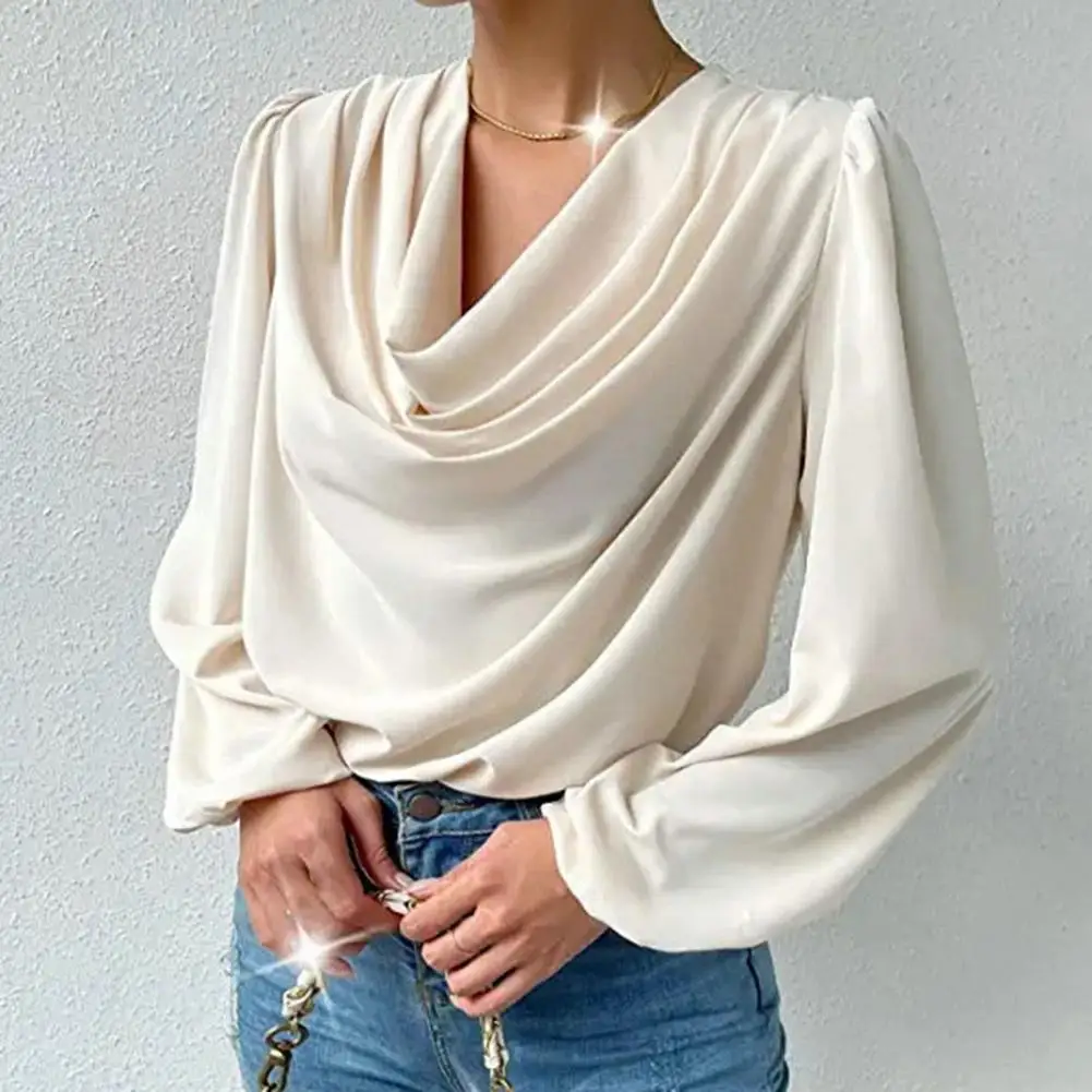 

Женская драпированная блузка, элегантный Однотонный пуловер свободного покроя с длинным рукавом-фонариком и V-образным вырезом, офисная одежда для осени