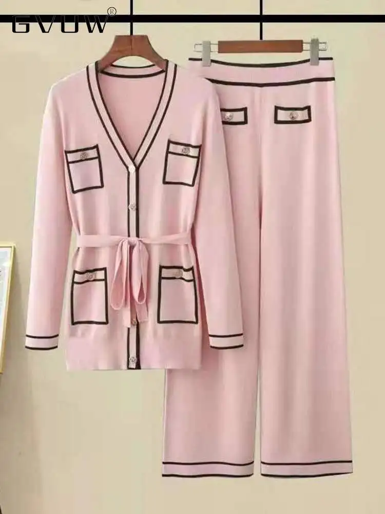 

Женский трикотажный комплект из двух предметов GVUW контрастных цветов, эластичные широкие брюки с высокой талией и пуговицами, весна 2023, нов...