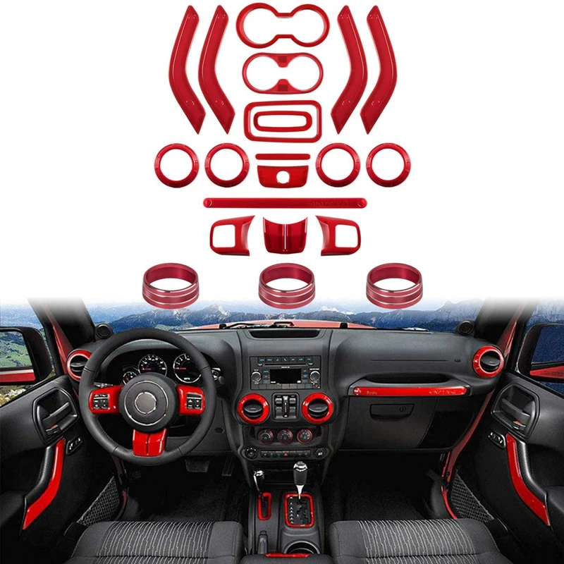 21 PCS Car Interior Decoration Trim Kit Steering Wheel & Center Console Trim For JK Jeep Wrangler 2011-2017
