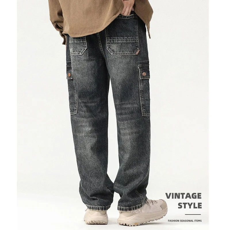 Men's Pattern Vintage Recreational Blue Black Multiple Pockets Jeans Loose Straight Cylinder Broad Leg Trousers Autumn Female
