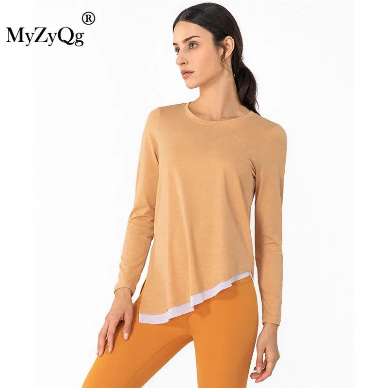 

Autumn Winter Women Sports Running T-Shirts Patchwork Loose Long Sleeve Slit Hem Mesh Bandage Yoga Top Gym Fitness Workout