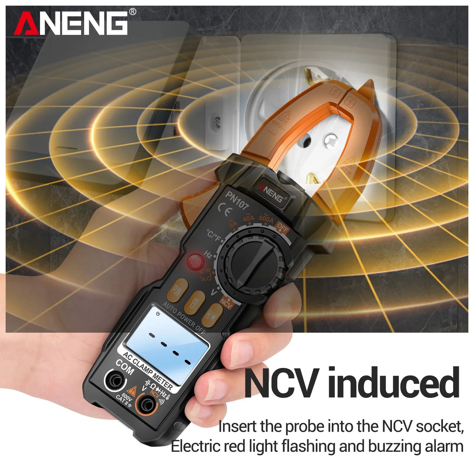 Фото Цифровой клещевой измеритель ANENG PN107, 4000 отсчетов, 600А, NCV, измерение температуры, частоты, емкости, фонарик, функция удержания данных, автоматическое отключение, измерение напряжения переменного/постоянного тока, инструмент для ремонта электрических цепей. №4