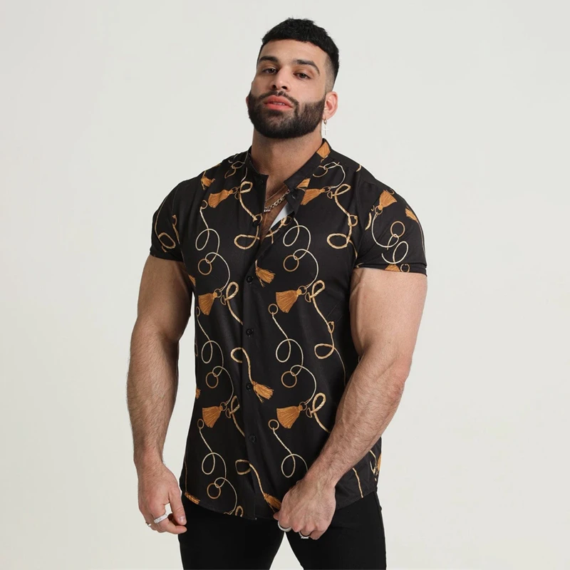 2022 summer hot selling European and American style men's short-sleeved cardigan fashion printing casual shirt