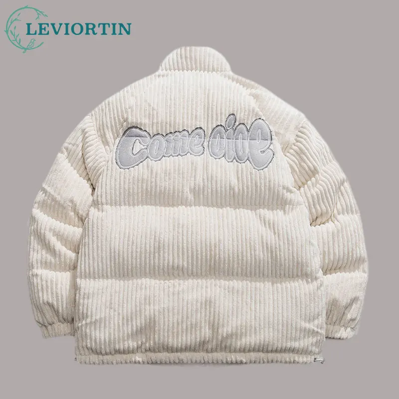 

Korean Style Men Loose-Fitting Bread Puffer Jacket Hip Hop Embroidery Letter Warm Corduroy Padded Jacket Coats Unisex Streetwear