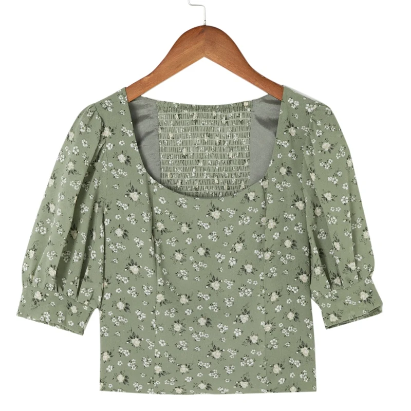 

Женская новая Приталенная футболка в европейском и американском стиле с U-образным вырезом и короткими рукавами-фонариками на спине, эласти...