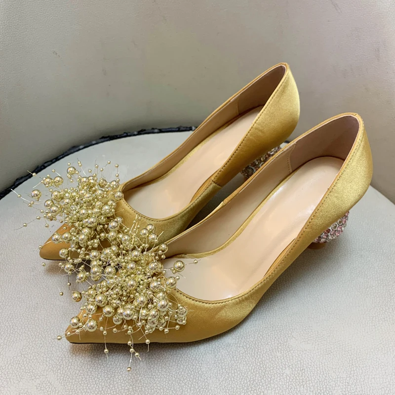 

2022 Woman Graceful Pumps Wtih Rhinestones Pineapple Heel Pointed To with Flower Crystalball Women Weeding Pump Shoes