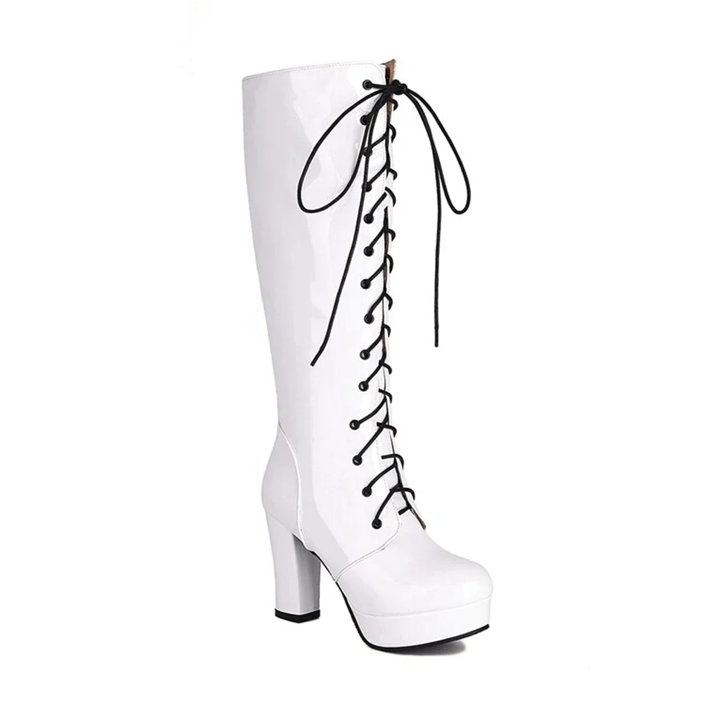 Фото Botas De Mujer Сапоги до колена Женские осенне-зимние сапоги из лакированной кожи на высоком каблуке с завязками через плечо Длинные ботинки на платформе Большой размер48 998-13 №5