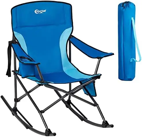 

Camping Rocking Chair Portable Outdoor Rocker High Back Cup Holder Side Pocket Carry Bag Included, Support 300 lbs (Blue)
