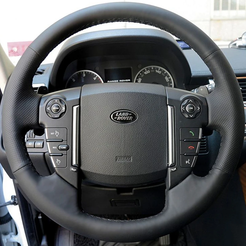 

Черный чехол на рулевое колесо автомобиля ручной шитья из натуральной кожи для автомобильных аксессуаров Land Rover Freelander 2 Discovery 4 Range Rover