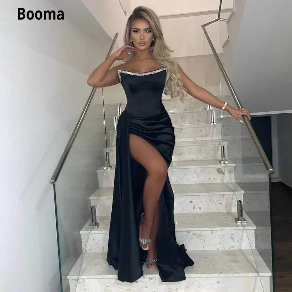 

Booma Sexy Black Satin Sheath Evening Dresses Strapless High Slit Draped Formal Party Gowns 2023 Sleeveless Fitted Prom Dresses