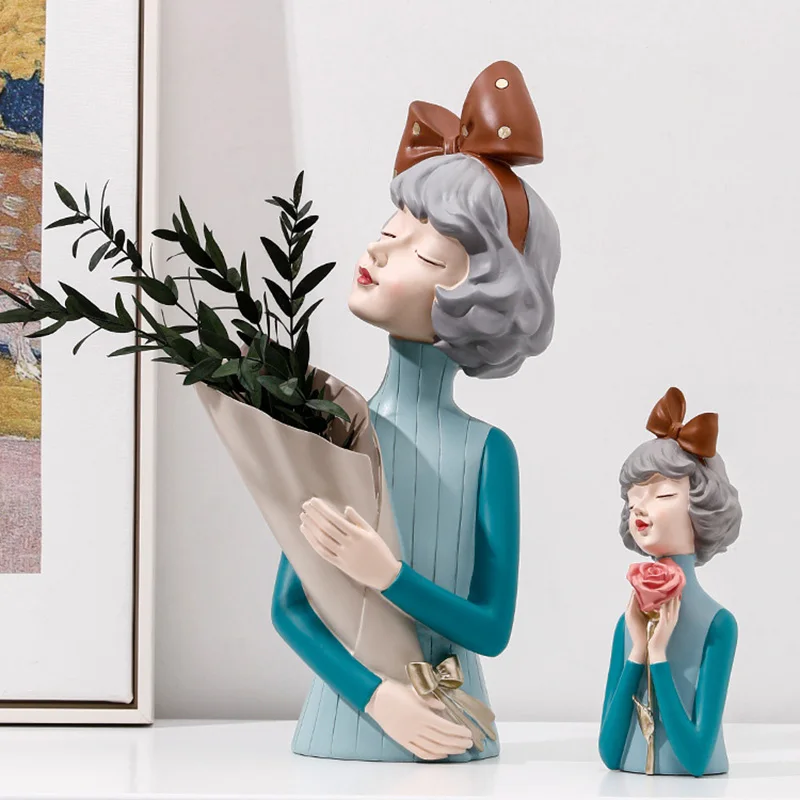 

Moden Gorgeous Girl Resin Bouquet Statue Creative Nordic Flower Vase Ornaments Fashion Style Home Decoration Living Room Gifts