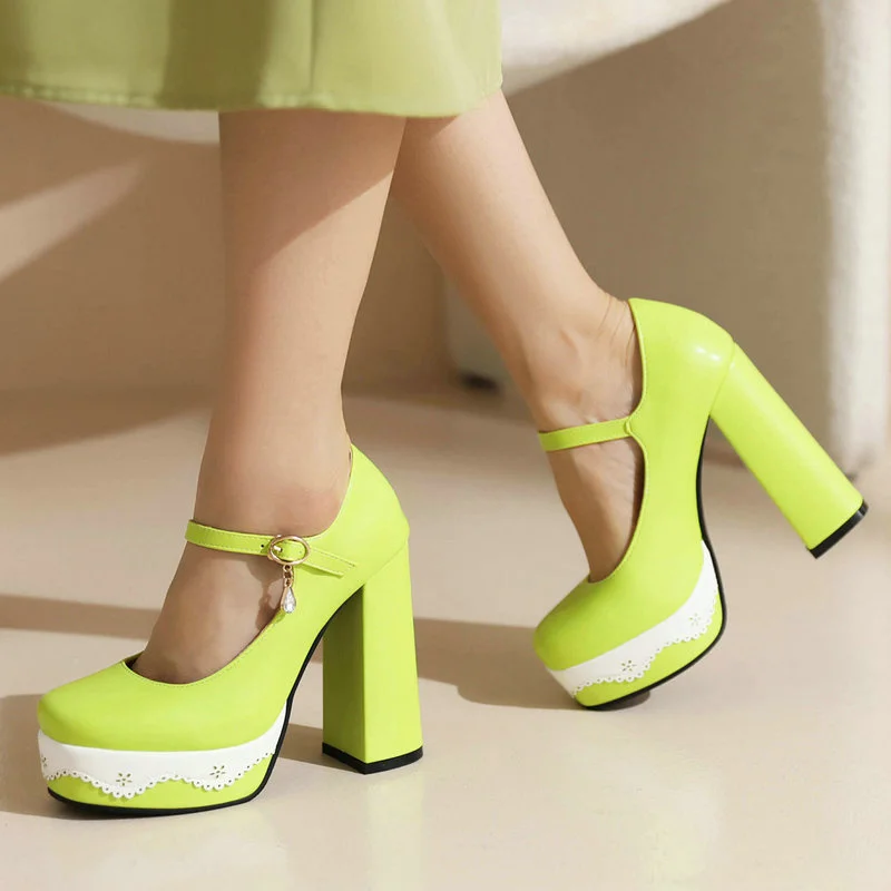 

Green Pink Blue Women High Heel Shoes Platform Square High Heel Ladies Pumps PU Leather Round Toe Buckle Dress Women's Shoes