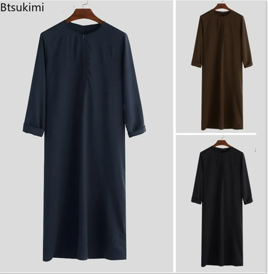 New 2023 Islamic Arabic Muslim Kaftan Men Long Sleeve Zipper Loose Abayas Robes Saudi Arabia Dubai Jubba Thobe Men Clothes S-5XL