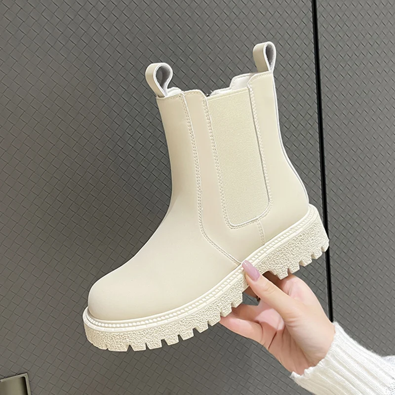 

White Chelsea Boots Women 2022 New Slip On PU Leather Platform Ankle Boots For Women Short Chunky Punk Gothic Shoes Designer