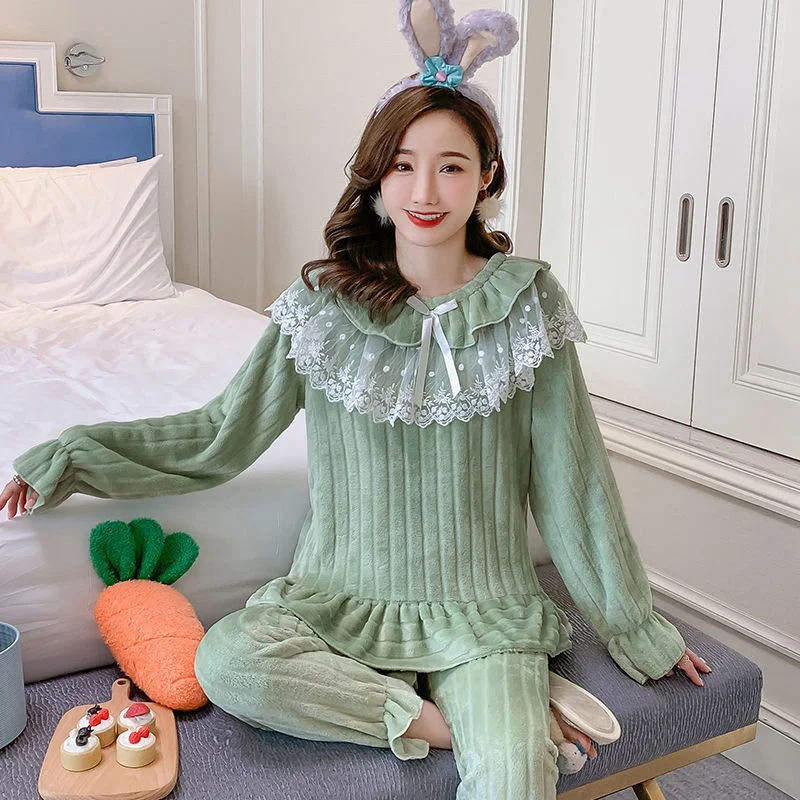 Winter Princess Pajamas Set Sexy Sleepwear For Women Soft Embroidery Cartoon Pyjama Women's Fashion Flannel Warm Homewear