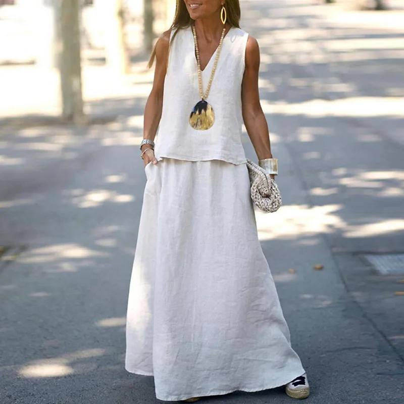 

Women Casual Solid Linen Outfits Ladies 2023 Dresses Set Fashion Sleeveless V-neck Blouse Top&Pockets Loose Long Skirts Suit