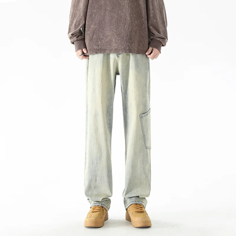 Baggy Stretch Jeans Men Fashion Retro Pocket Straight Jeans Mens Japanese Streetwear Hip-hop Loose Wide Leg Denim Trousers Men