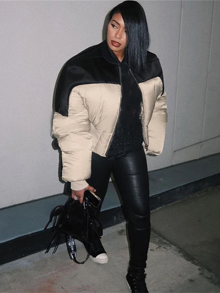 Contrast Color Cotton-padded Jacket Coat Women Fashion Thicken Long Sleeve Zip Up Crop Tops Autumn Winter 2022 Streetwear