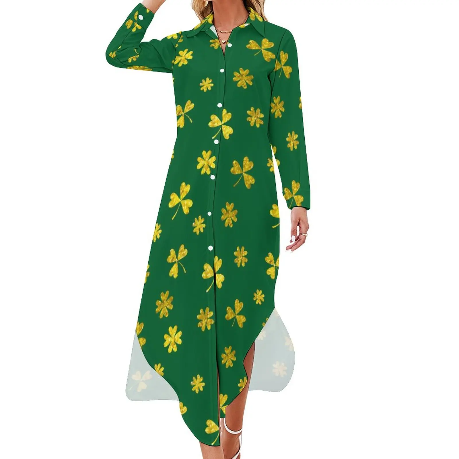 

St Patricks Day Chiffon Dress Gold Irish Shamrocks Kawaii Dresses Long Sleeve Street Style V Neck Graphic Oversized Casual Dress