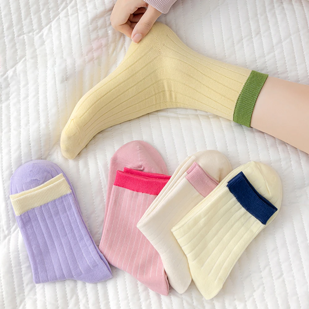 5 Pairs Women's Colorful Socks Fashion Dopamine Color Trend Mid Tube Socks Comfortable Breathable Spring Autumn Girl Ankle Socks