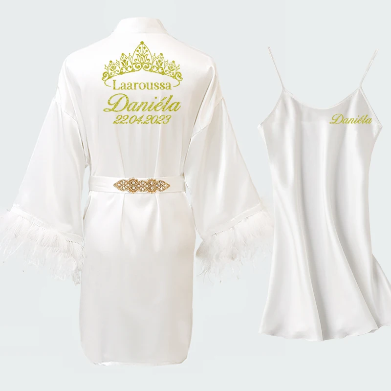 Personalized Name Date Feather Bathrobe Nightgown Set Bride Wedding Robes Bridal Party Bachelorette Preparewear