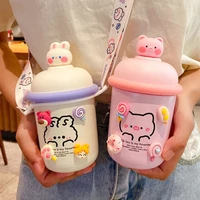 kawaii bear duck thermos flask with portable strap for children girl stainless steel insulated coffee tea hot water bottle