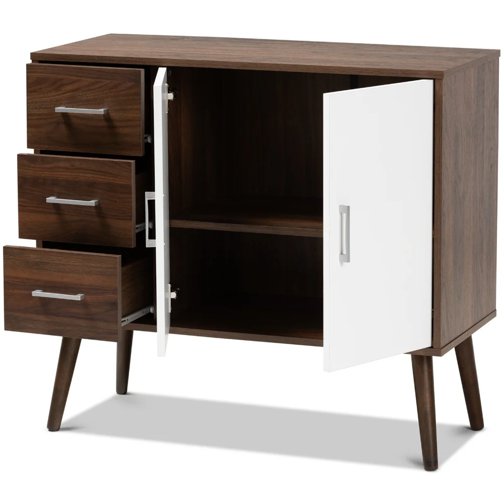 

Mid-Century Modern Two-Tone White and Walnut Brown Finished Wood 3-Drawer Sideboard Buffet