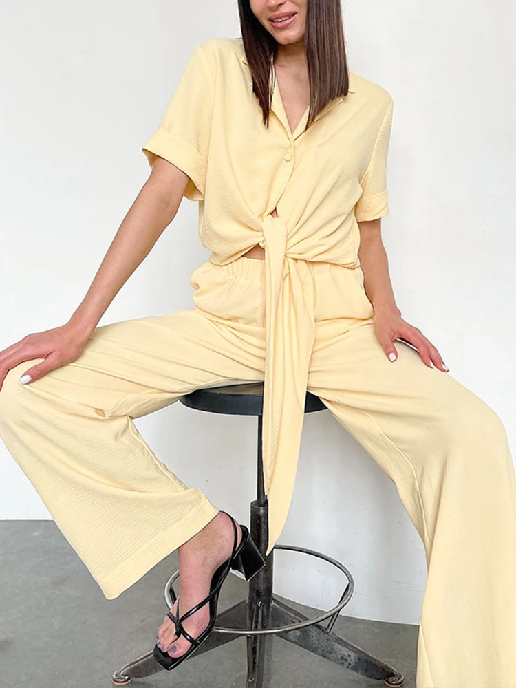 

Fashion Solid Casual Commuter Outfits Summer Lapel Short Sleeve Shirt Tops+High Waist Straight Long Pants Suit Women Summer 2pcs