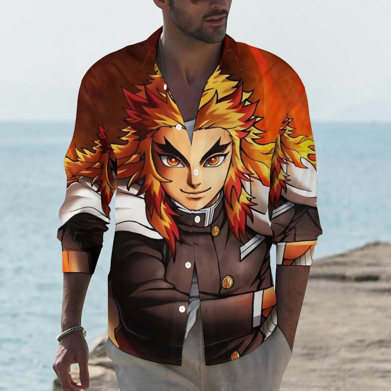 

Demon Slayer Shirt Mens Rengoku Kimetsu No Yaiba Casual Shirts Autumn Y2K Custom Blouses Long Sleeve Fashion Oversized Tops