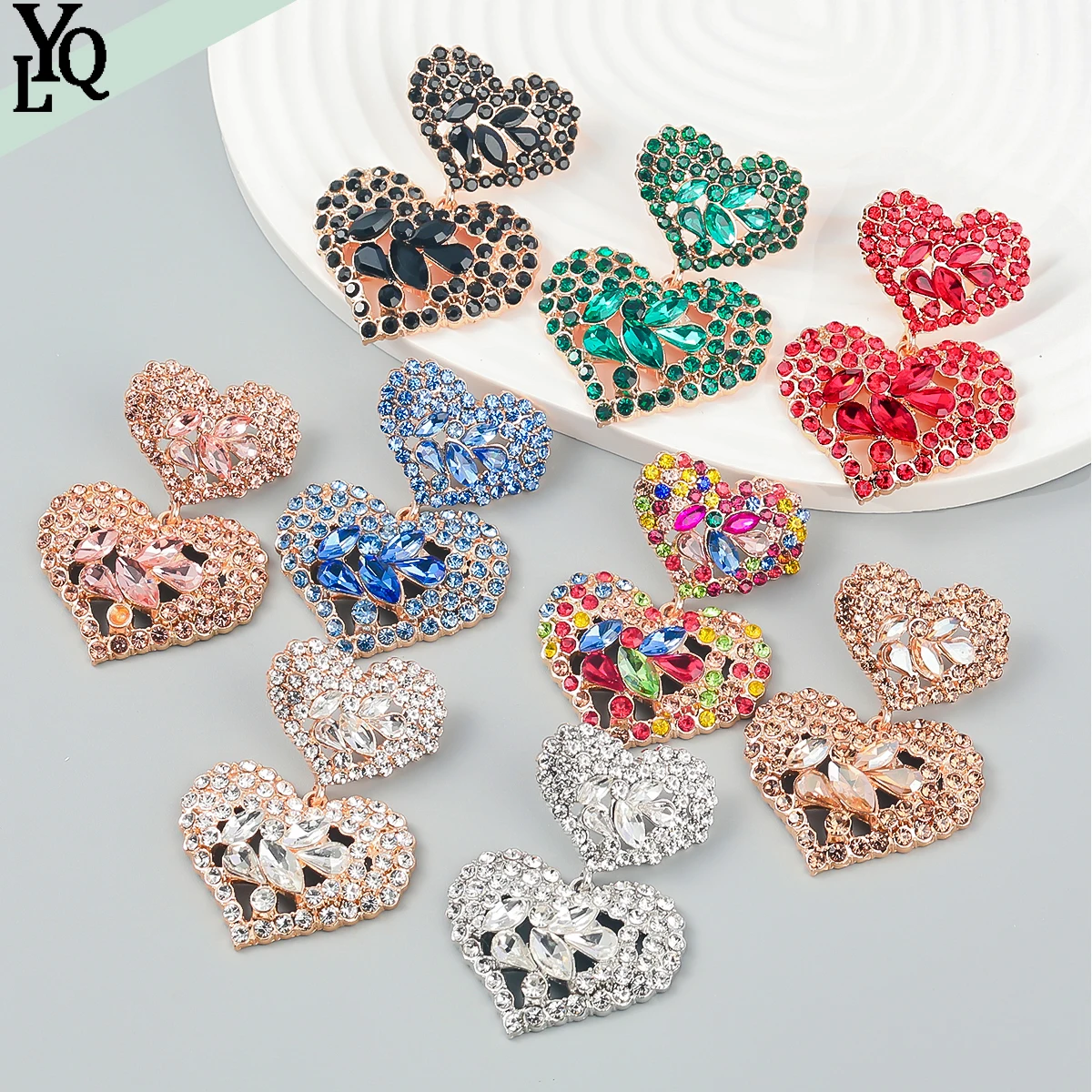 

New Multicolored Rhinestone Heart Swing Earrings for Women Dinner Wedding Accessories Fashion Statement Jewelry Drop Earrings
