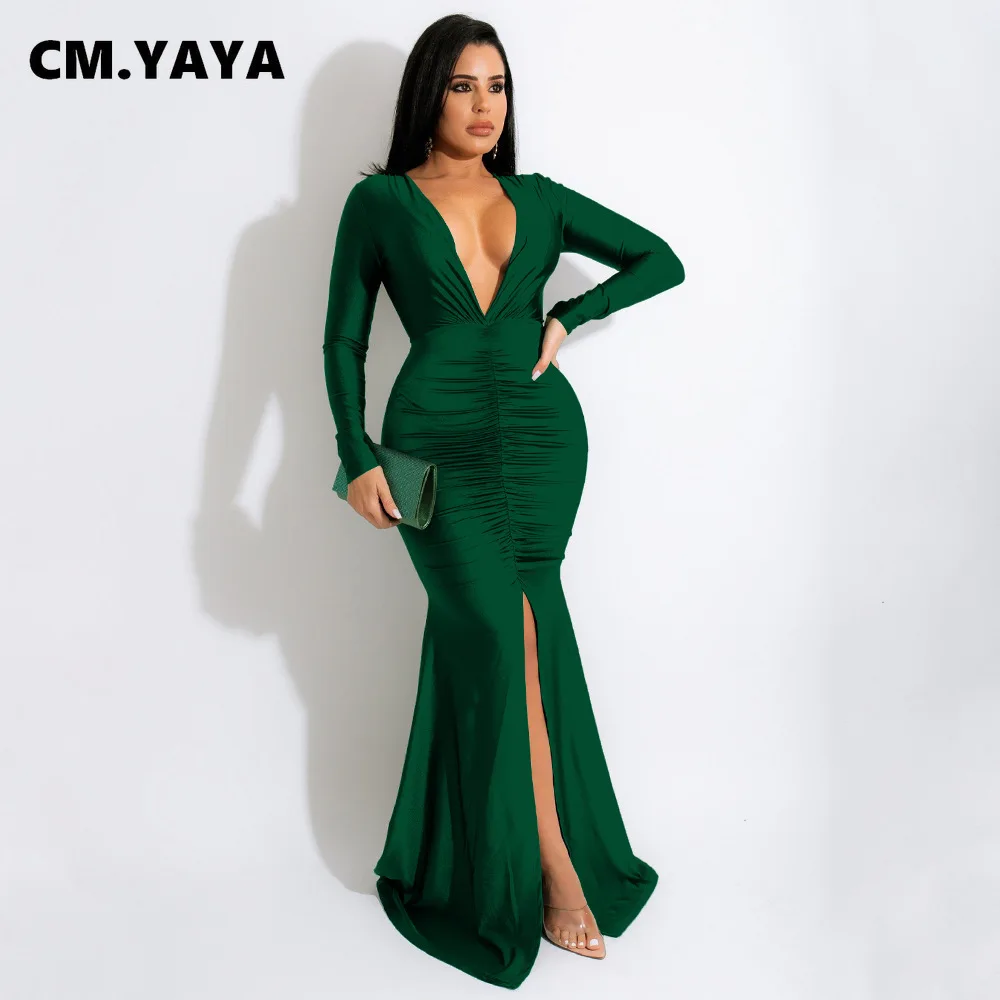 Женское облегающее платье макси CM.YAYA длинное с длинным рукавом рюшами Высоким