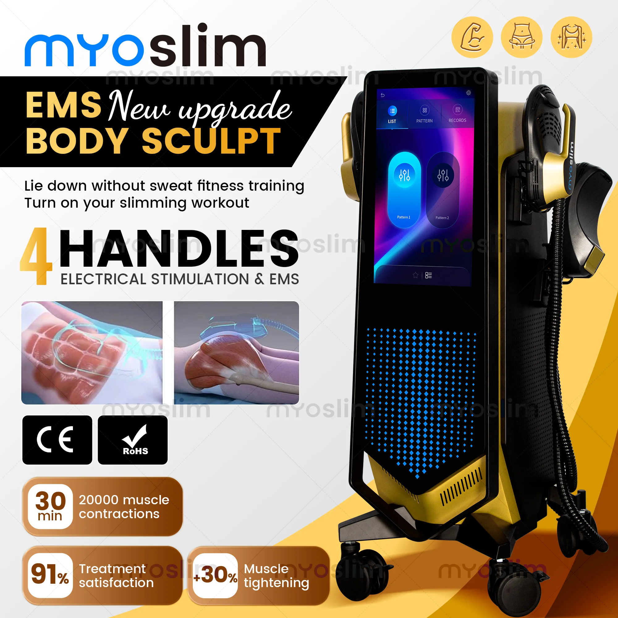 Фото HIEMT EMS MYOslim 6500 Вт Высокоинтенсивный радиочастотный электромагнитный вибрационный массажер для фитнеса и тренировок мышц. №5
